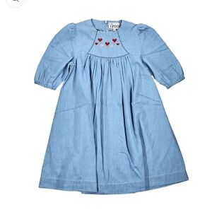 Blue Smocked A-line Dress with Puff Sleeves